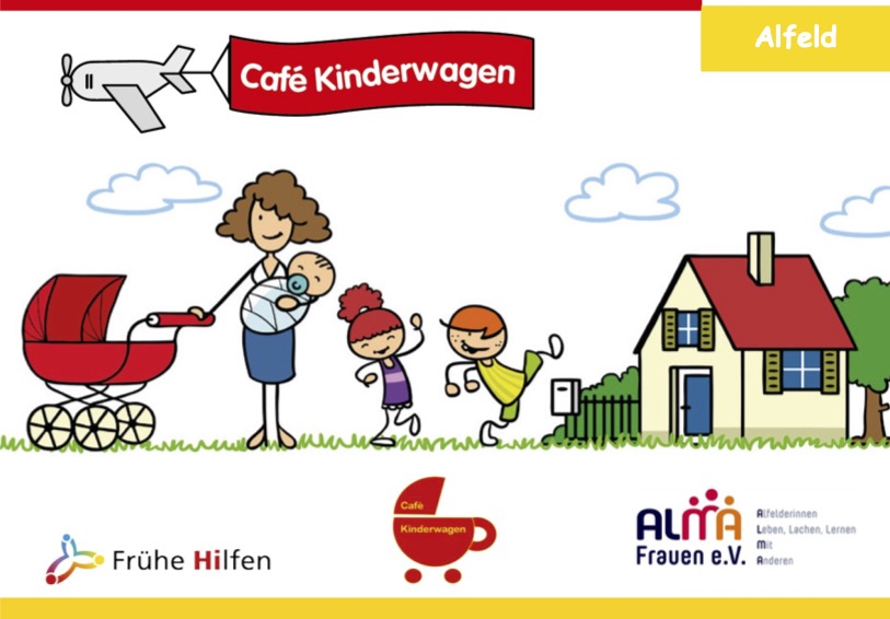 Postkarte des Café Kinderwagen, Zeichnung einer Familie
