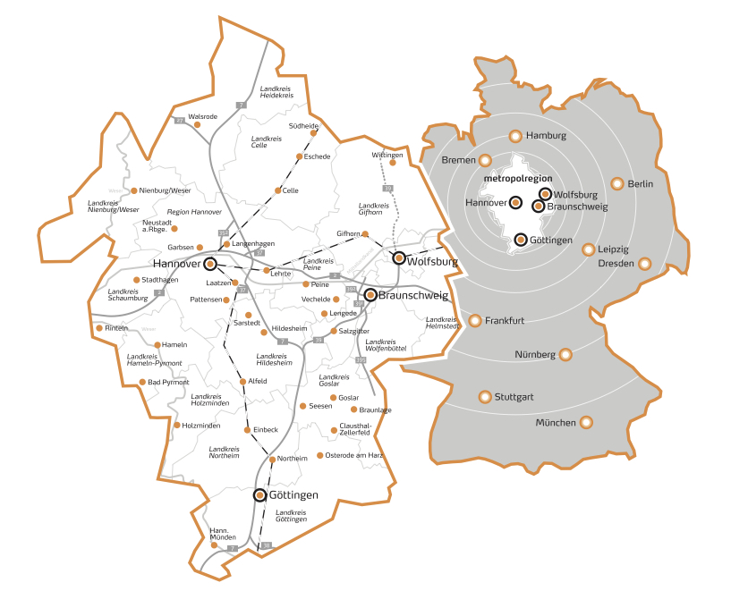 Grafik der räumlichen Ausdehnung der Metropolregion Hannover Braunschweig Göttingen Wolfsburg