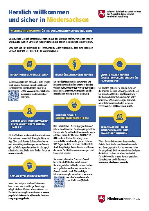Flyer "Herzlich willkommen und sicher in Niedersachsen" Wichtige Info für Hilfsorganisationen und Helfende