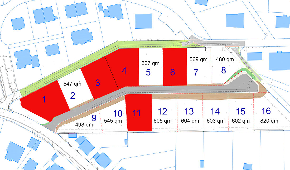 Plan des Baugebietes Königsruh mit verkauften Grundstücken, Stand 202203