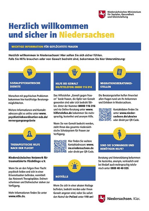 Flyer "Herzlich willkommen und sicher in Niedersachsen" Wichtige Info für geflüchtete Frauen (deutsch)