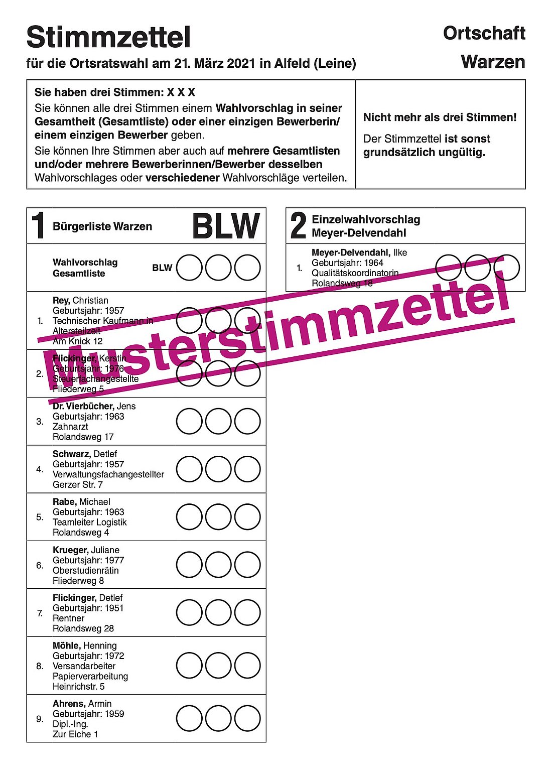 Musterwahlschein der Ortsratswahl 2021 in Warzen