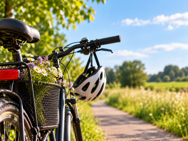 Fahrrad mit Blumenkorb und Fahrradhelm