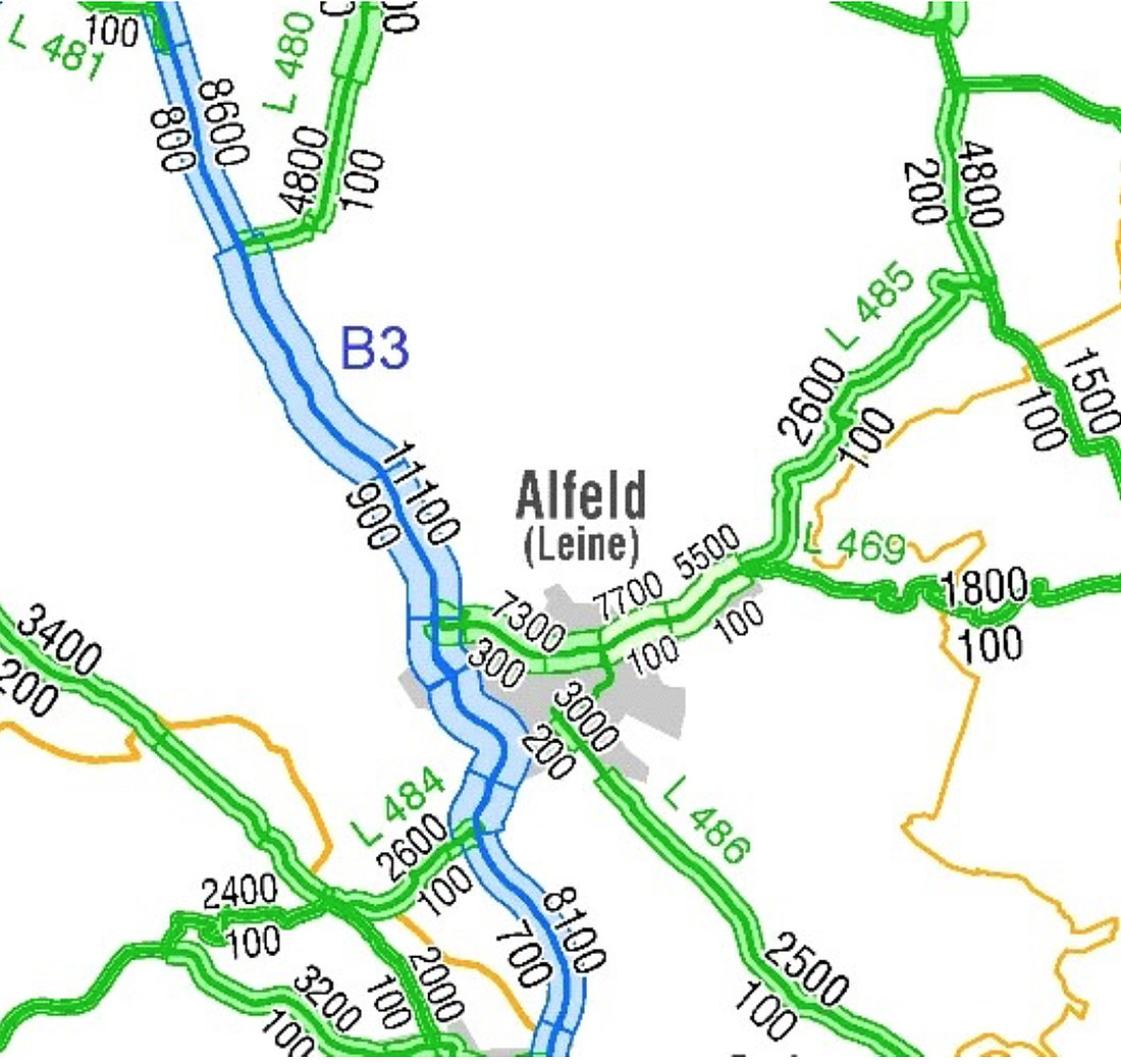 Auszug aus der Verkehrsmengenkarte des Landes Niedersachsen, Stand 1/2018
