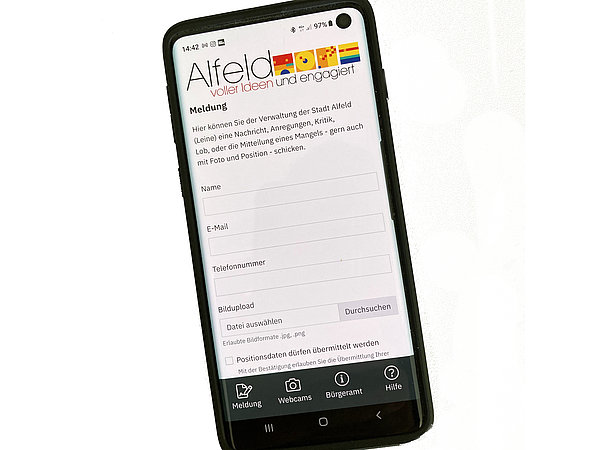 Foto eines Handys: mit ALF-Kontakt haben Sie immer einen kurzen Draht zu Ihrer Stadtverwaltung